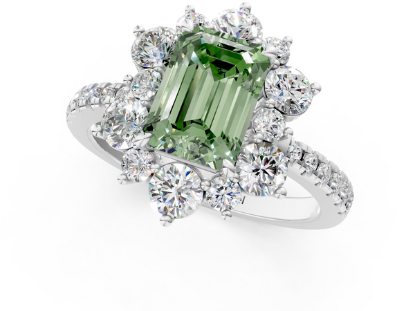 Platinum Fancy Green Emerald  Cut Diamond Floral Halo Pave Band with Prong Setting