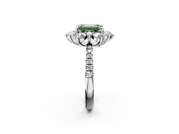 Platinum Fancy Green Emerald  Cut Diamond Floral Halo Pave Band with Prong Setting