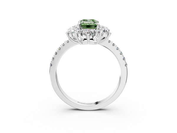 Platinum Fancy Green Emerald  Cut Diamond Floral Halo Pave Band with Prong Setting