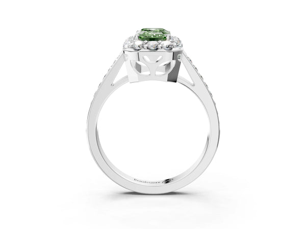 White gold Fancy Green Emerald Cut Diamond Floral Halo Ring with Pavé Band and Prong Setting