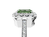 White gold Fancy Green Emerald Cut Diamond Floral Halo Ring with Pavé Band and Prong Setting_12