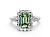 White gold Fancy Green Emerald Cut Diamond Floral Halo Ring with Pavé Band and Prong Setting_7