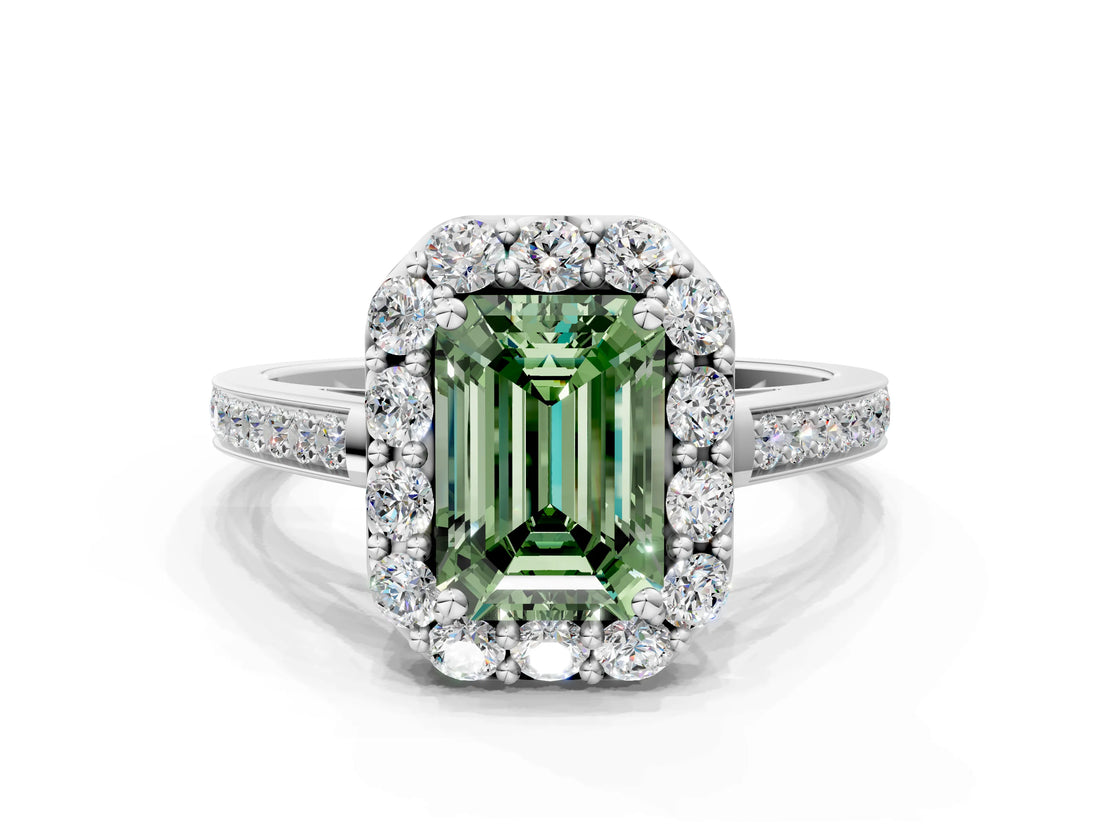 White gold Fancy Green Emerald Cut Diamond Floral Halo Ring with Pavé Band and Prong Setting_7