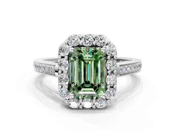 White gold Fancy Green Emerald Cut Diamond Floral Halo Ring with Pavé Band and Prong Setting
