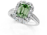 White gold Fancy Green Emerald Cut Diamond Floral Halo Ring with Pavé Band and Prong Setting_8