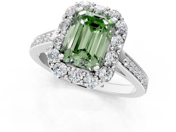 White gold Fancy Green Emerald Cut Diamond Floral Halo Ring with Pavé Band and Prong Setting