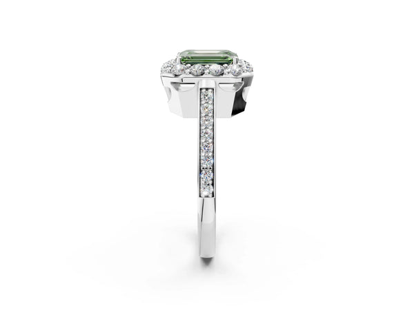 White gold Fancy Green Emerald Cut Diamond Floral Halo Ring with Pavé Band and Prong Setting