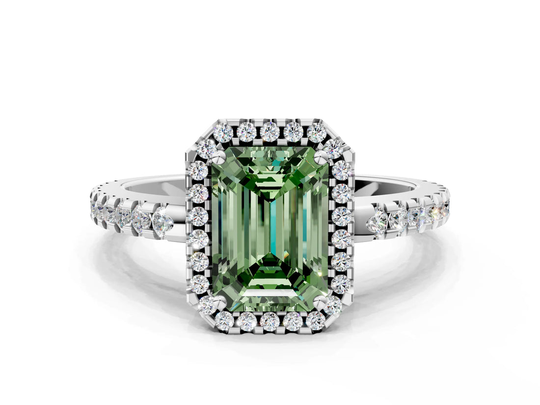 White gold Fancy Green Emerald Cut Diamond Halo Engagement Ring with Pavé Band and Prong Setting_39