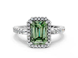 White gold Fancy Green Emerald Cut Diamond Halo Engagement Ring with Pavé Band and Prong Setting_39