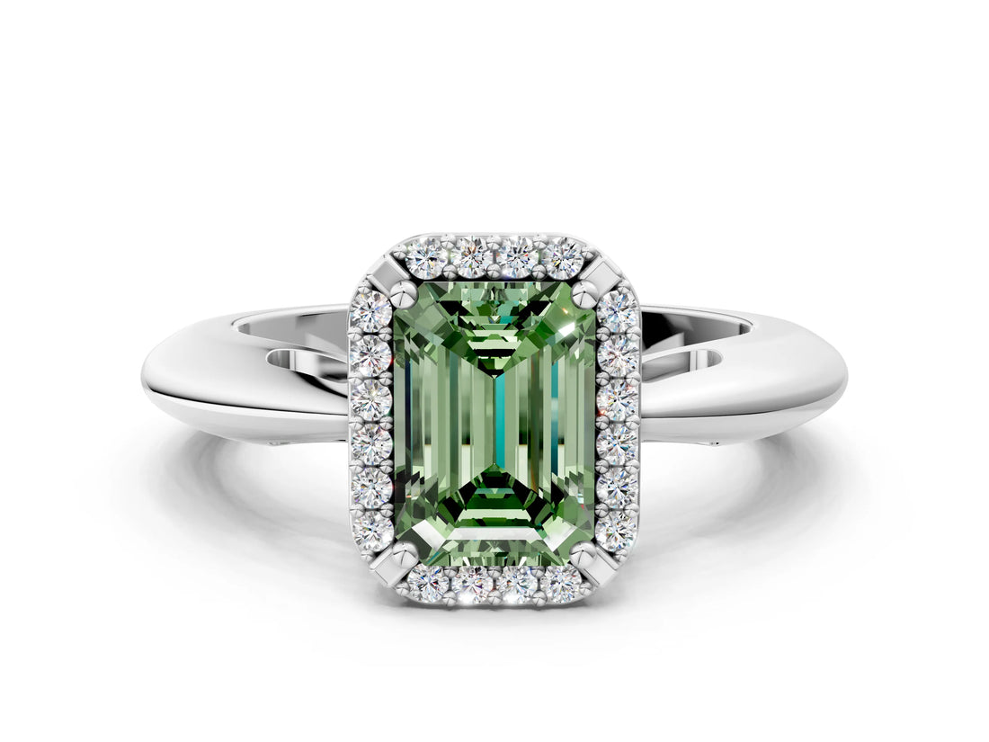 White gold Fancy Green Emerald  Cut Diamond Halo Engagement Ring with Split Shank and Four-Prong Setting_88