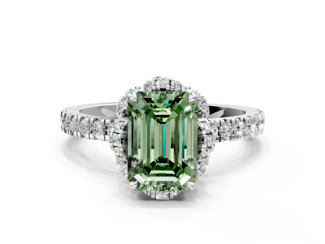 White gold Fancy Green Emerald Cut Diamond Halo Pave Band with Four-Prong Setting_3