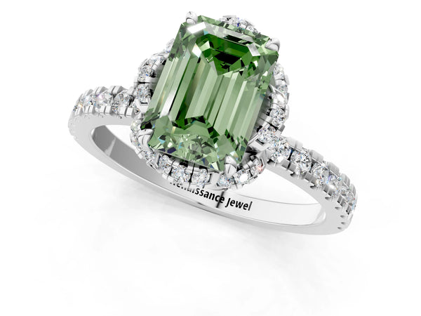 Platinum Fancy Green Emerald Cut Diamond Halo Pave Band with Four-Prong Setting