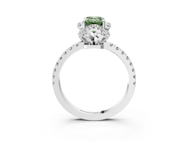 Platinum Fancy Green Emerald Cut Diamond Halo Pave Band with Four-Prong Setting
