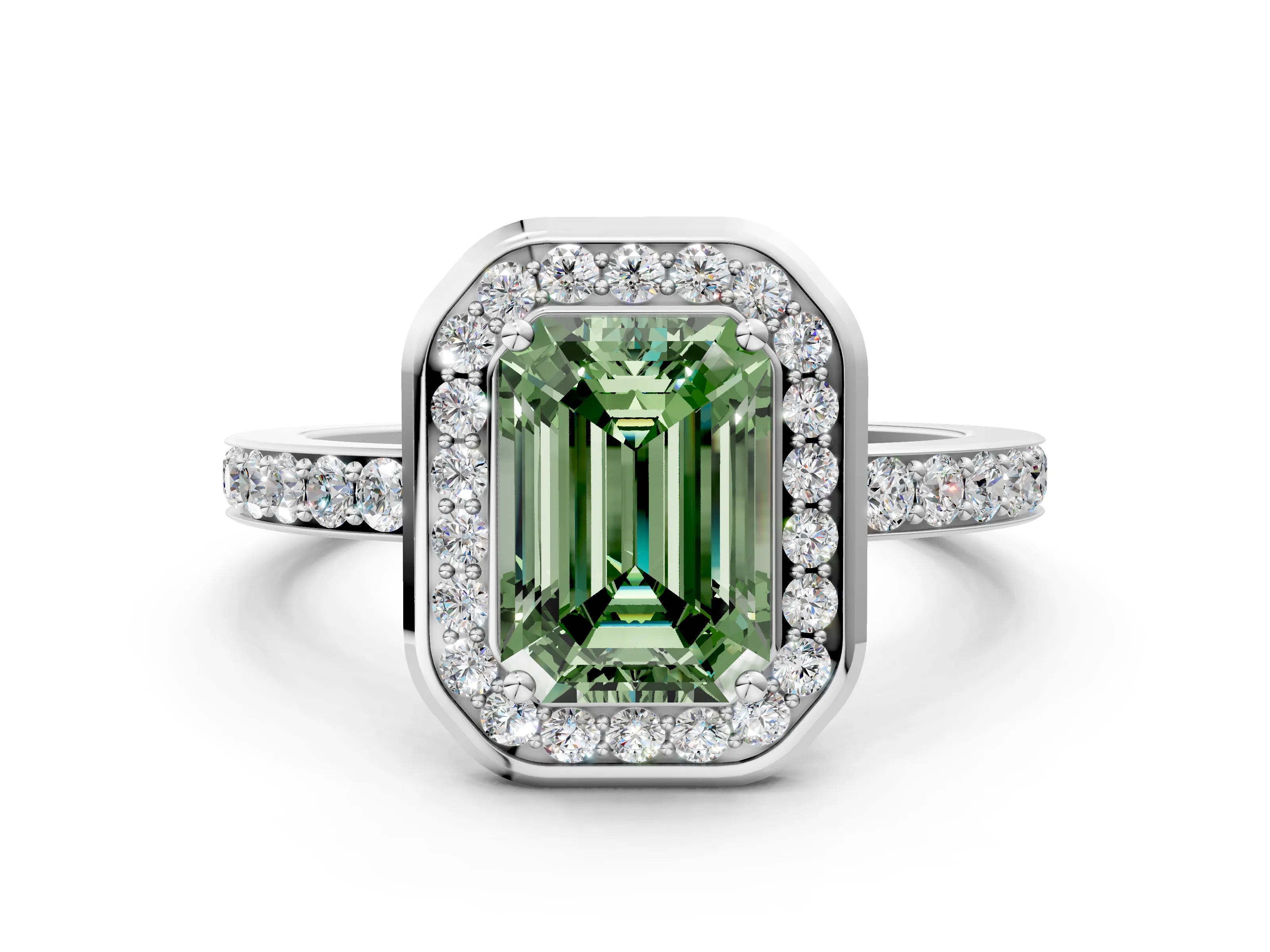 White gold Fancy Green Emerald Cut Diamond Halo Ring with Bezel Frame and Pavé Band