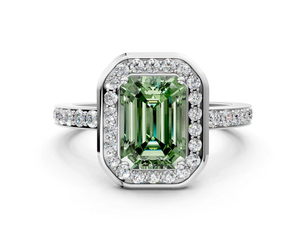 Platinum Emerald Cut Pave Bezel-Rim Halo Engagement Ring Setting for Fancy Green Center