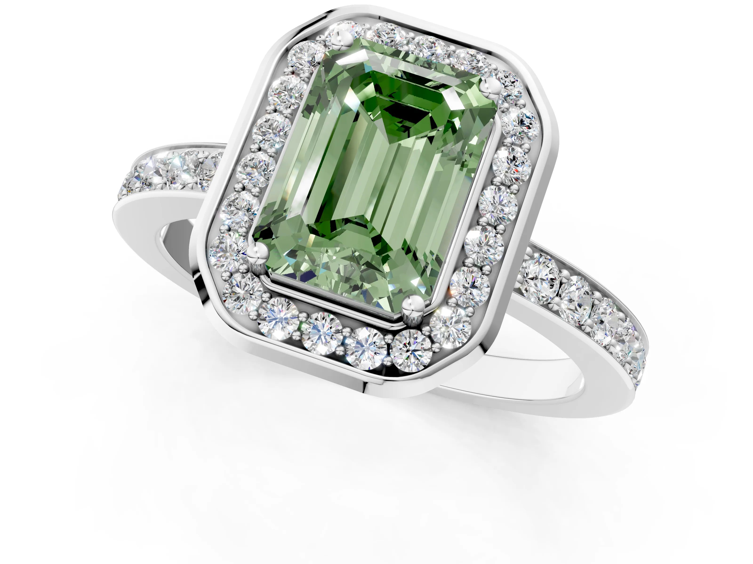 White gold Fancy Green Emerald Cut Diamond Halo Ring with Bezel Frame and Pavé Band_1