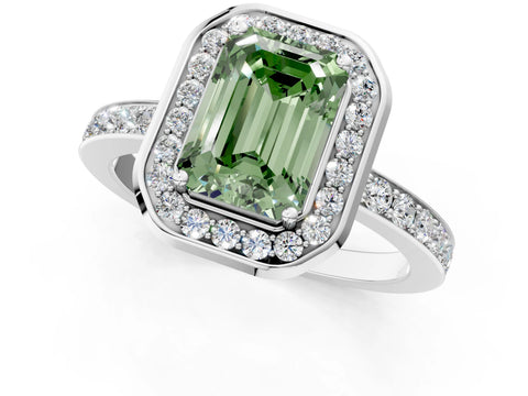 White gold Fancy Green Emerald Cut Diamond Halo Ring with Bezel Frame and Pavé Band_1