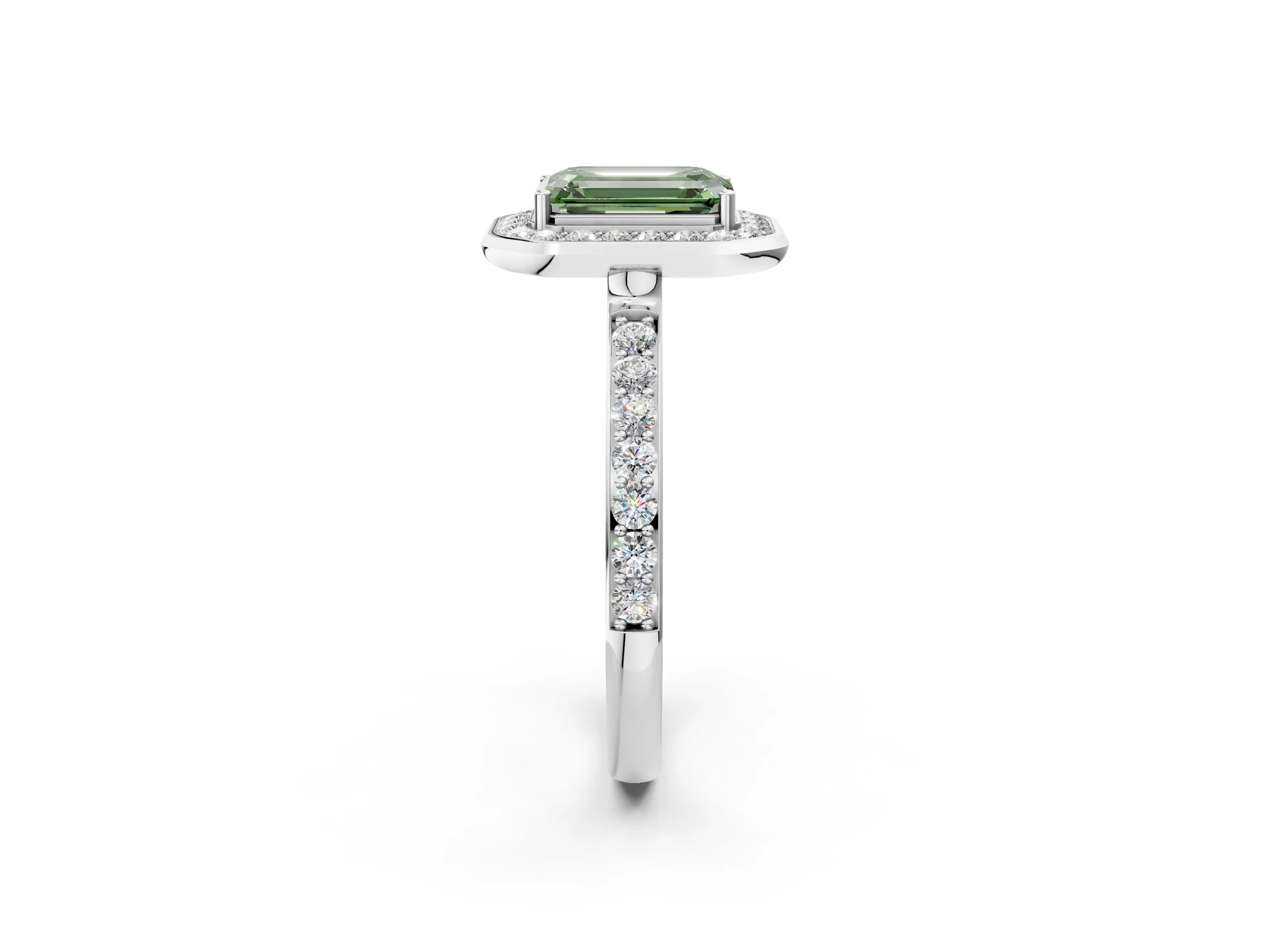 White gold Fancy Green Emerald Cut Diamond Halo Ring with Bezel Frame and Pavé Band_2