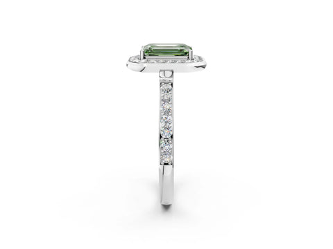 White gold Fancy Green Emerald Cut Diamond Halo Ring with Bezel Frame and Pavé Band_2