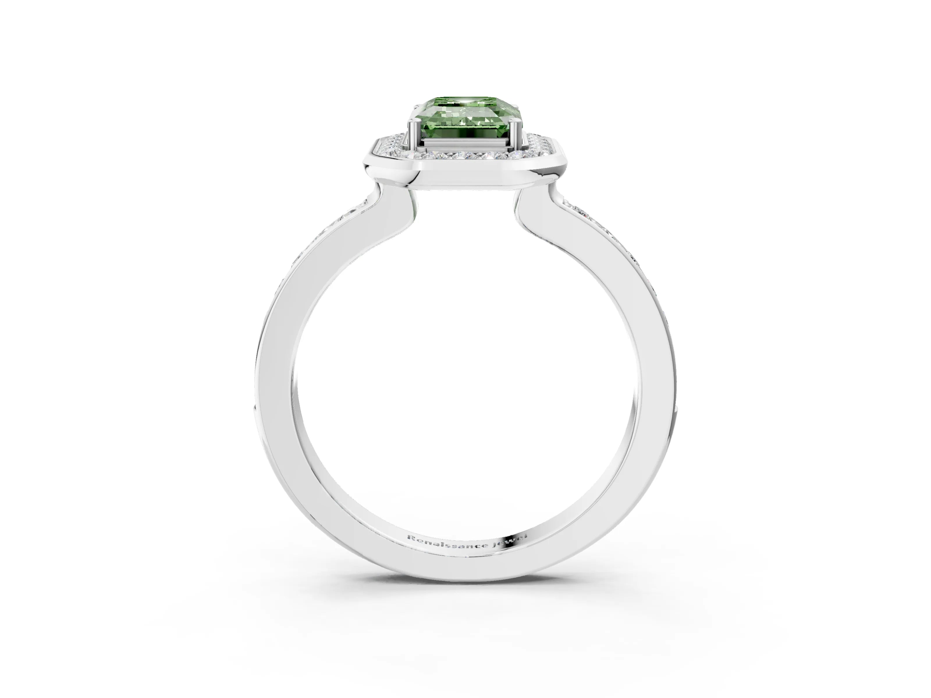 White gold Fancy Green Emerald Cut Diamond Halo Ring with Bezel Frame and Pavé Band_3