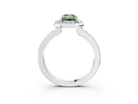 White gold Fancy Green Emerald Cut Diamond Halo Ring with Bezel Frame and Pavé Band_3
