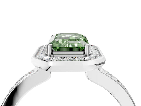 White gold Fancy Green Emerald Cut Diamond Halo Ring with Bezel Frame and Pavé Band_4