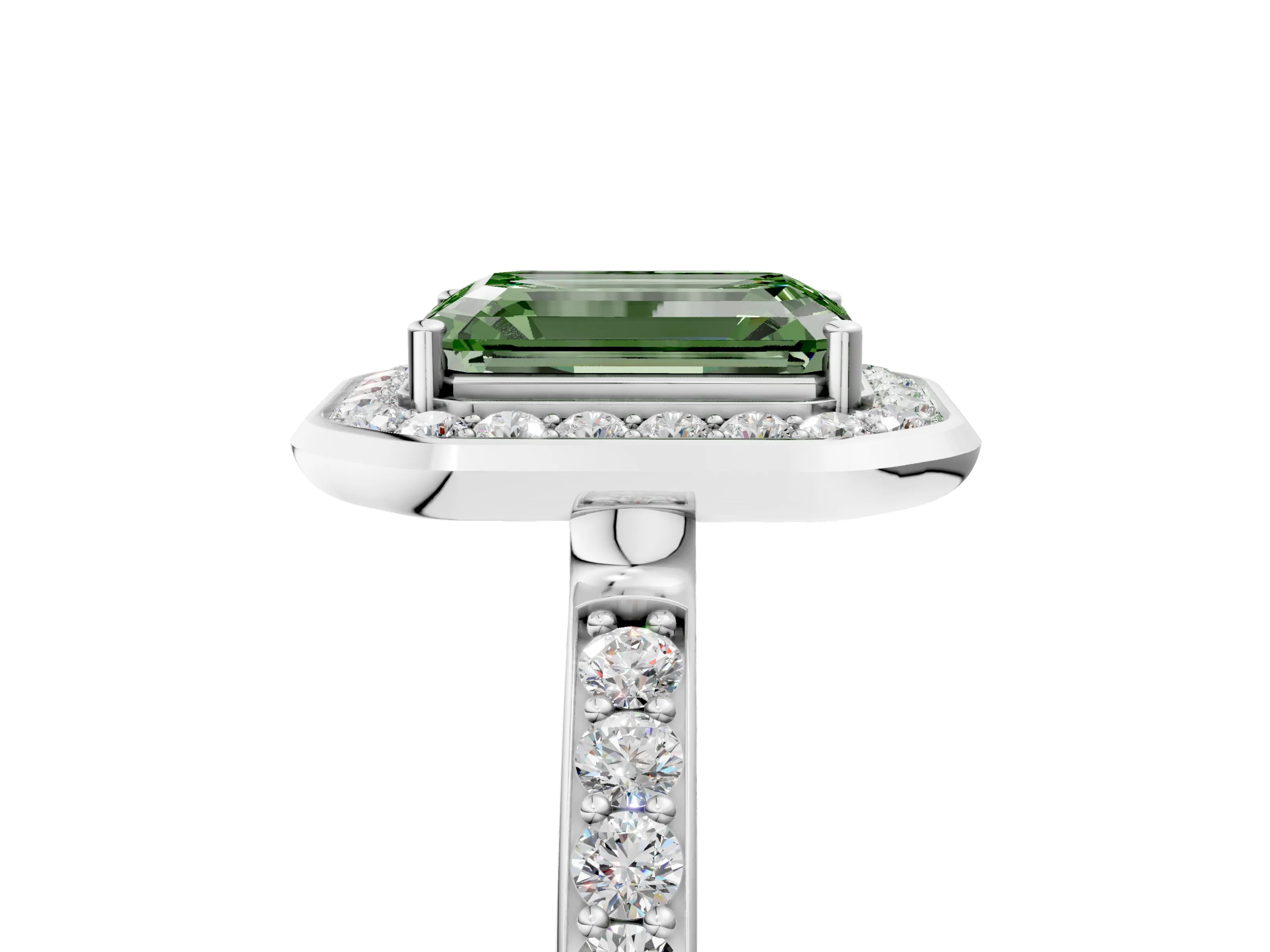 White gold Fancy Green Emerald Cut Diamond Halo Ring with Bezel Frame and Pavé Band_5