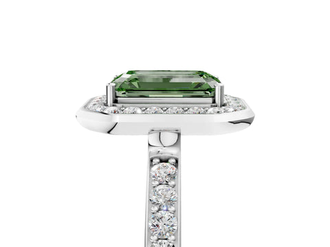 White gold Fancy Green Emerald Cut Diamond Halo Ring with Bezel Frame and Pavé Band_5