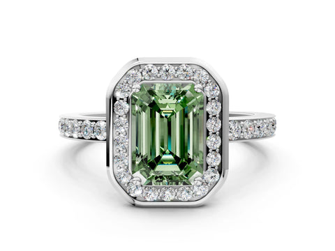 White gold Fancy Green Emerald Cut Diamond Halo Ring with Bezel Frame and Pavé Band