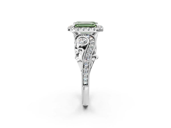 White Gold Emerald Cut Halo Engagement Ring Setting for Fancy Green Center with Bezel Accents