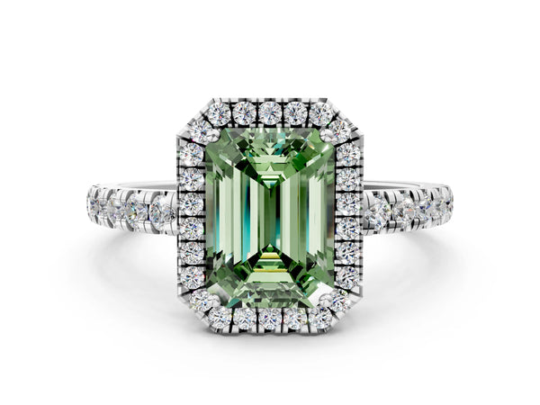 White gold Fancy Green Emerald Cut Diamond Halo Ring with Pavé Band and Four-Prong Setting
