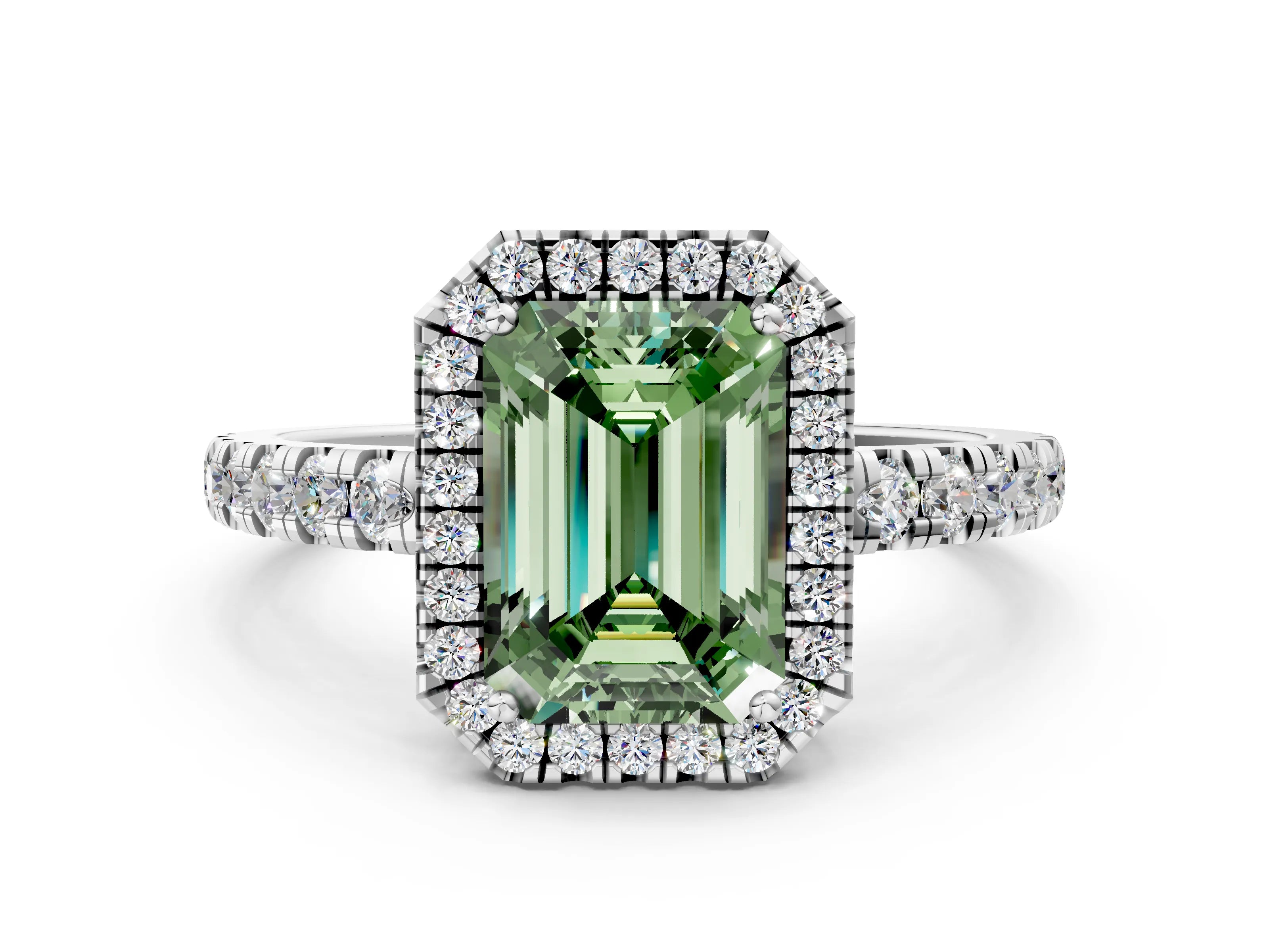 White gold Fancy Green Emerald Cut Diamond Halo Ring with Pavé Band and Four-Prong Setting_12
