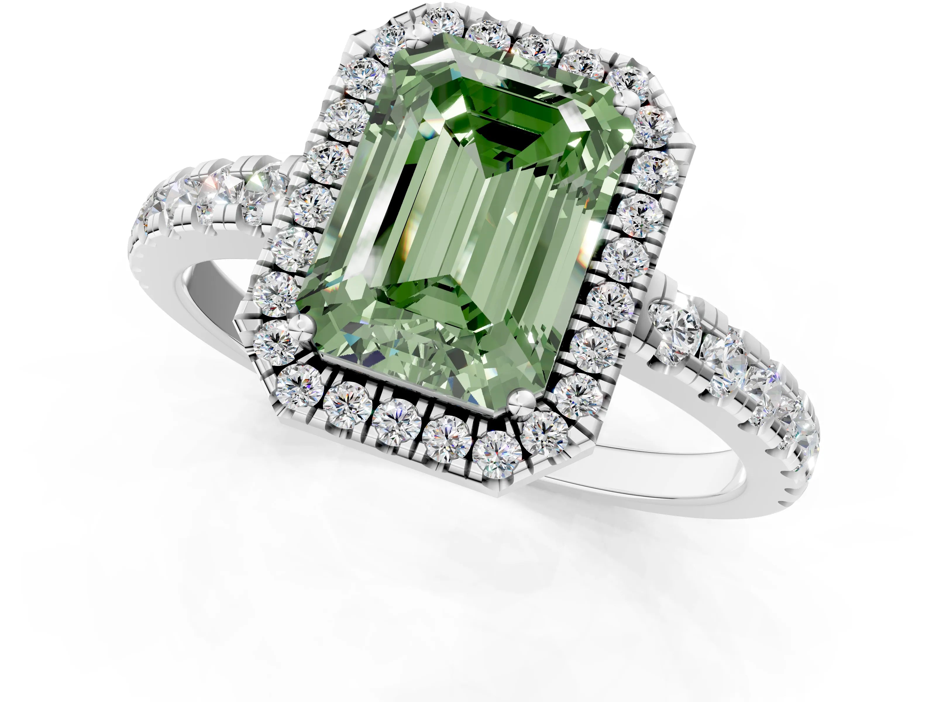 White gold Fancy Green Emerald Cut Diamond Halo Ring with Pavé Band and Four-Prong Setting_13