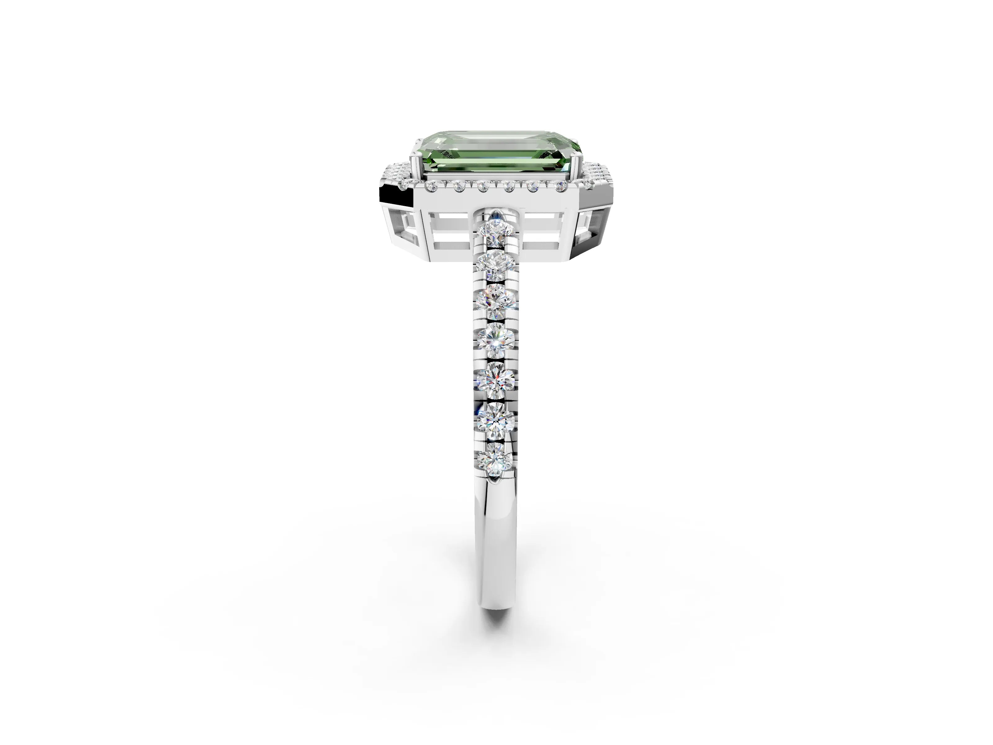 White gold Fancy Green Emerald Cut Diamond Halo Ring with Pavé Band and Four-Prong Setting_14