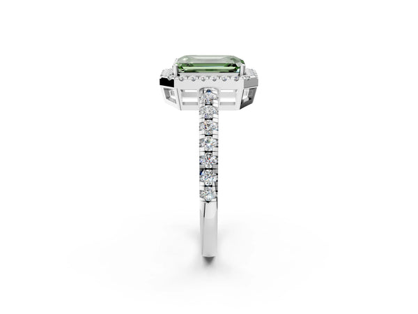 White gold Fancy Green Emerald Cut Diamond Halo Ring with Pavé Band and Four-Prong Setting