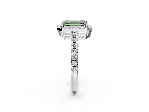 White gold Fancy Green Emerald Cut Diamond Halo Ring with Pavé Band and Four-Prong Setting_14
