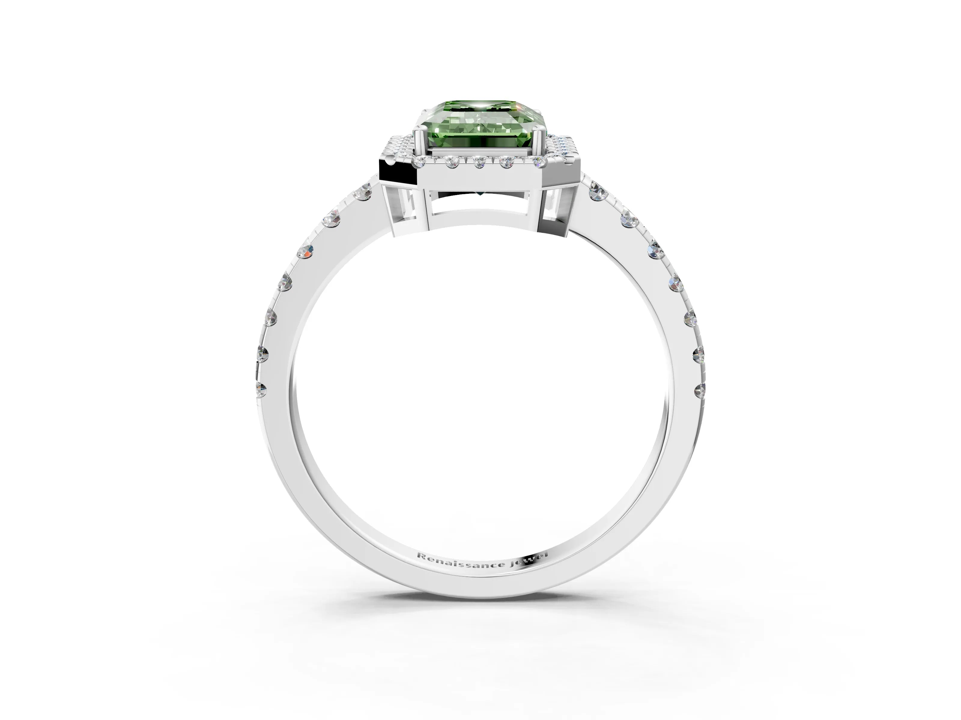 White gold Fancy Green Emerald Cut Diamond Halo Ring with Pavé Band and Four-Prong Setting_15