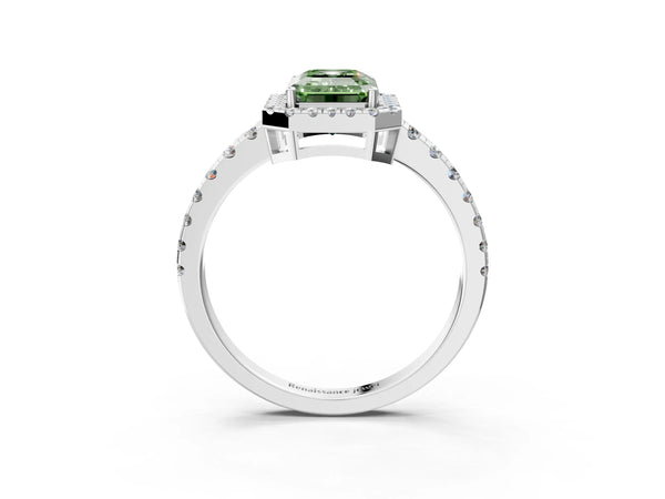 White gold Fancy Green Emerald Cut Diamond Halo Ring with Pavé Band and Four-Prong Setting