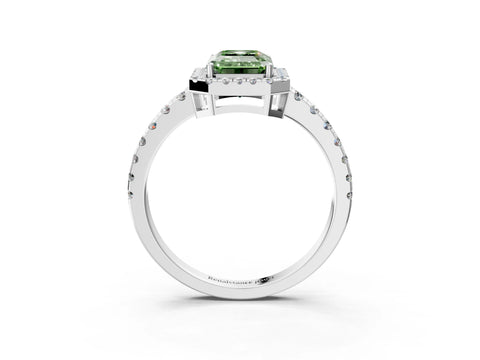 White gold Fancy Green Emerald Cut Diamond Halo Ring with Pavé Band and Four-Prong Setting_15
