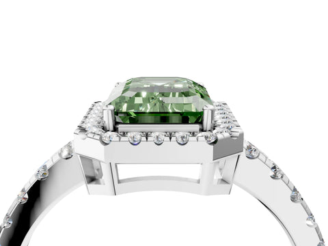 White gold Fancy Green Emerald Cut Diamond Halo Ring with Pavé Band and Four-Prong Setting_16
