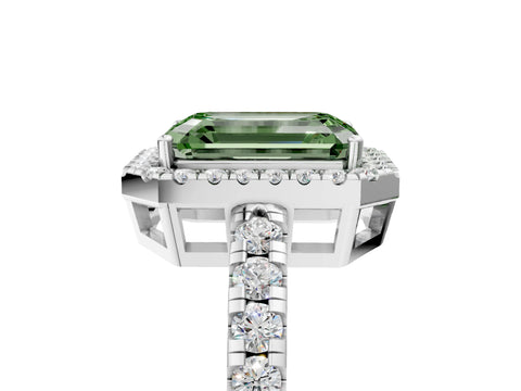 White gold Fancy Green Emerald Cut Diamond Halo Ring with Pavé Band and Four-Prong Setting_17