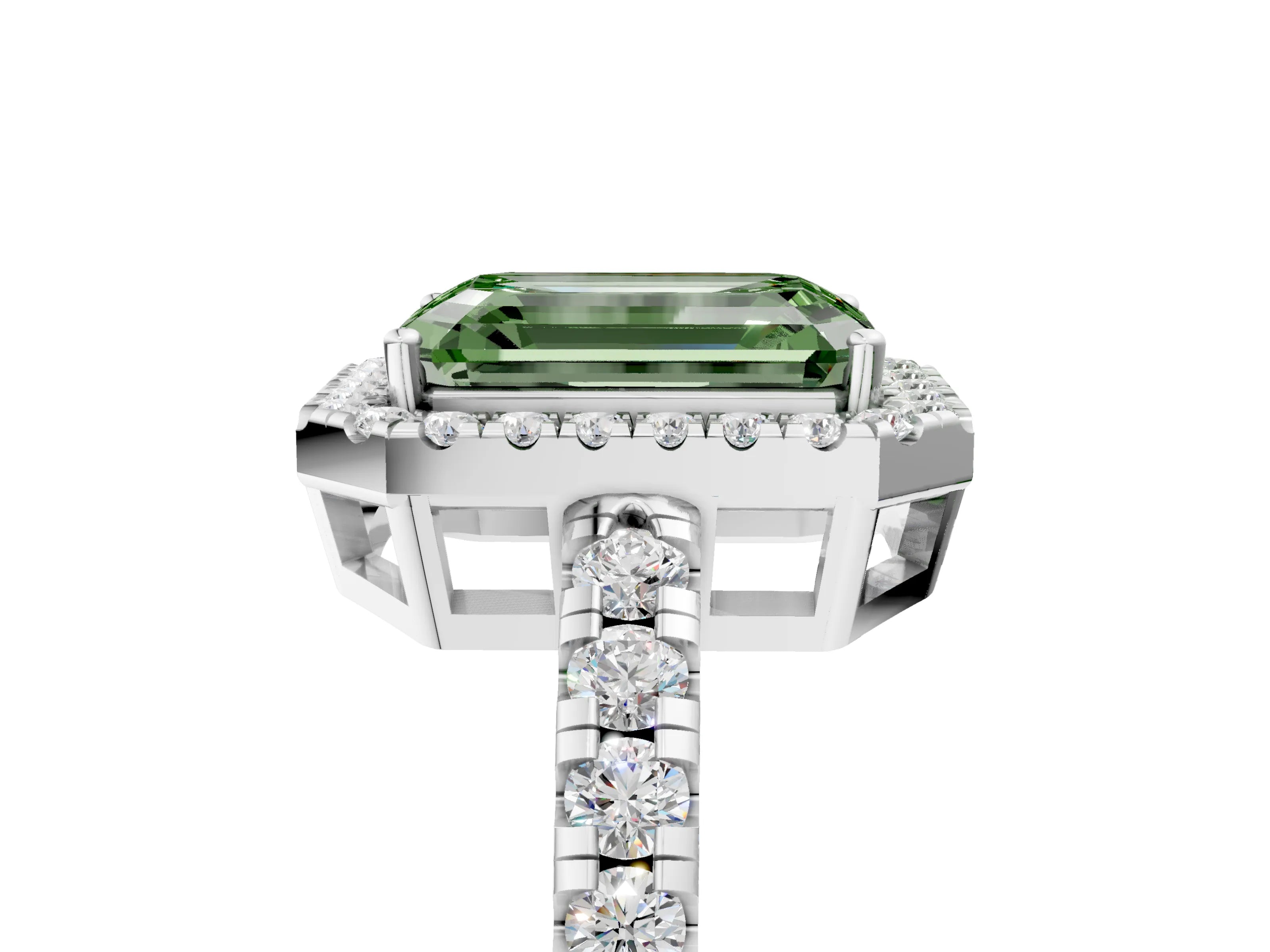 White gold Fancy Green Emerald Cut Diamond Halo Ring with Pavé Band and Four-Prong Setting_17