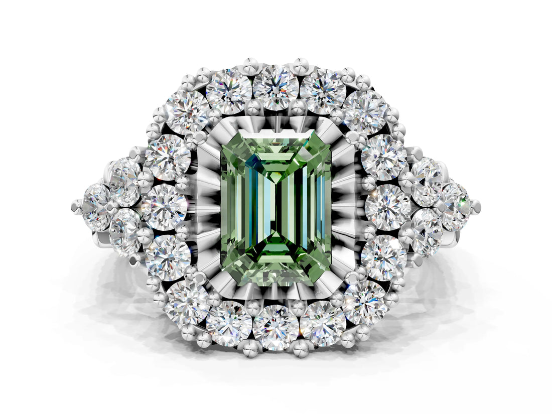 White gold Fancy Green Emerald Cut Diamond Halo Ring with Pavé Band and Four-Prong Setting_53