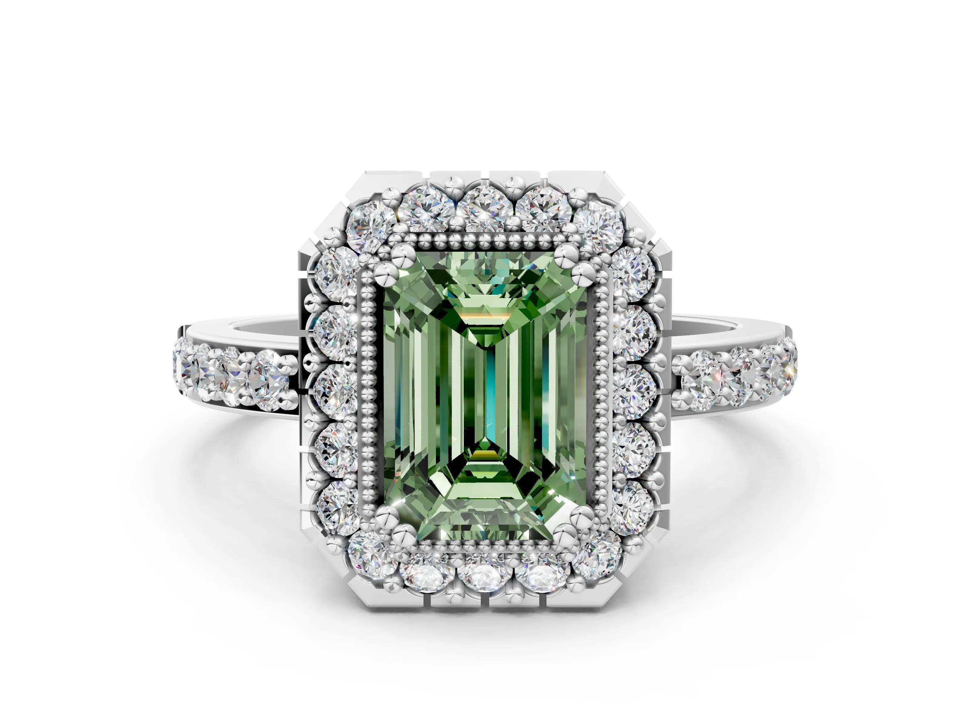 White gold Fancy Green Emerald Cut Diamond Halo Ring with Pavé Band and Prong Setting_12