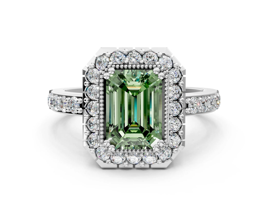 White gold Fancy Green Emerald Cut Diamond Halo Ring with Pavé Band and Prong Setting_12