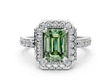 White gold Fancy Green Emerald Cut Diamond Halo Ring with Pavé Band and Prong Setting_12