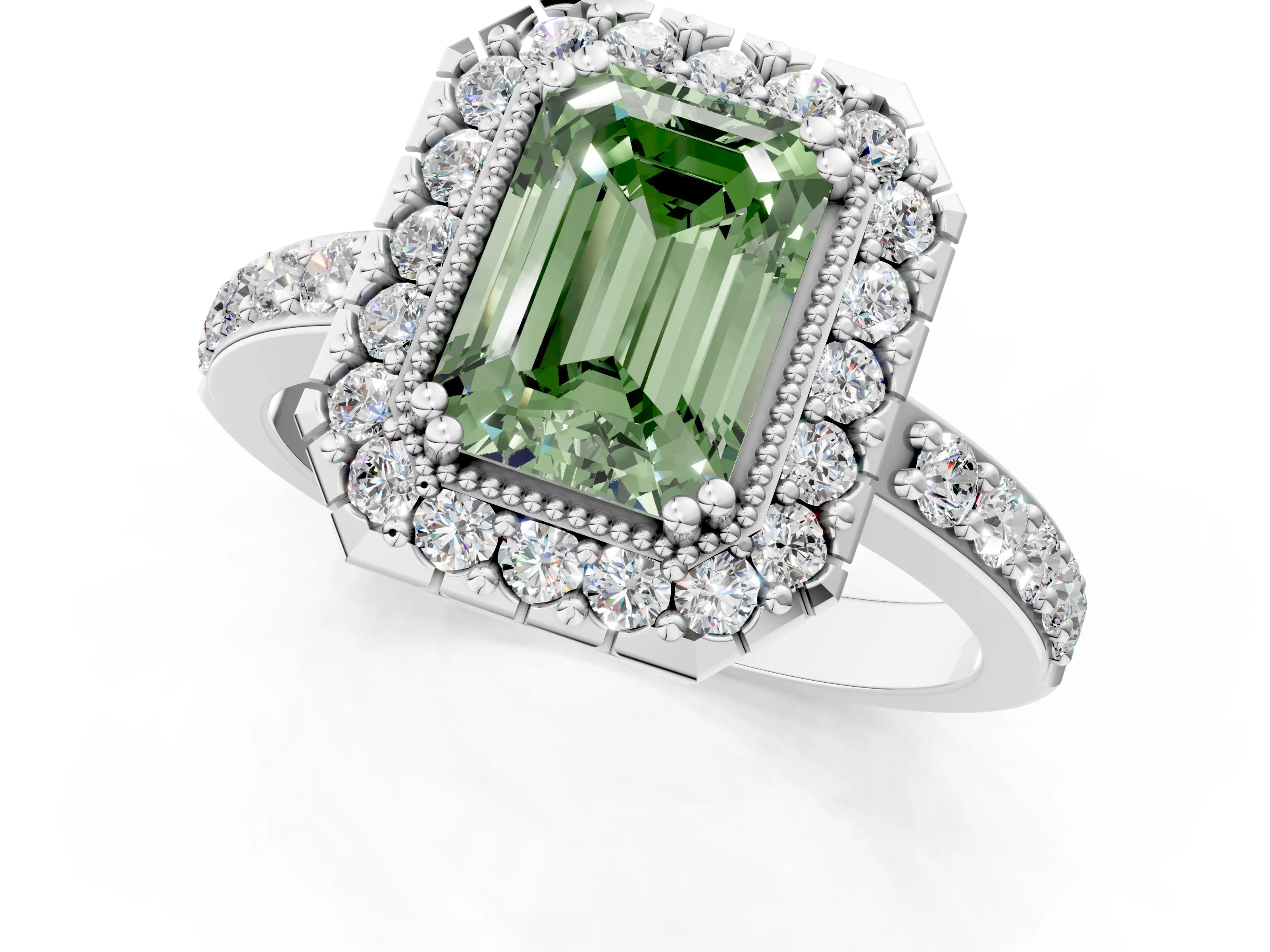 White gold Fancy Green Emerald Cut Diamond Halo Ring with Pavé Band and Prong Setting_13