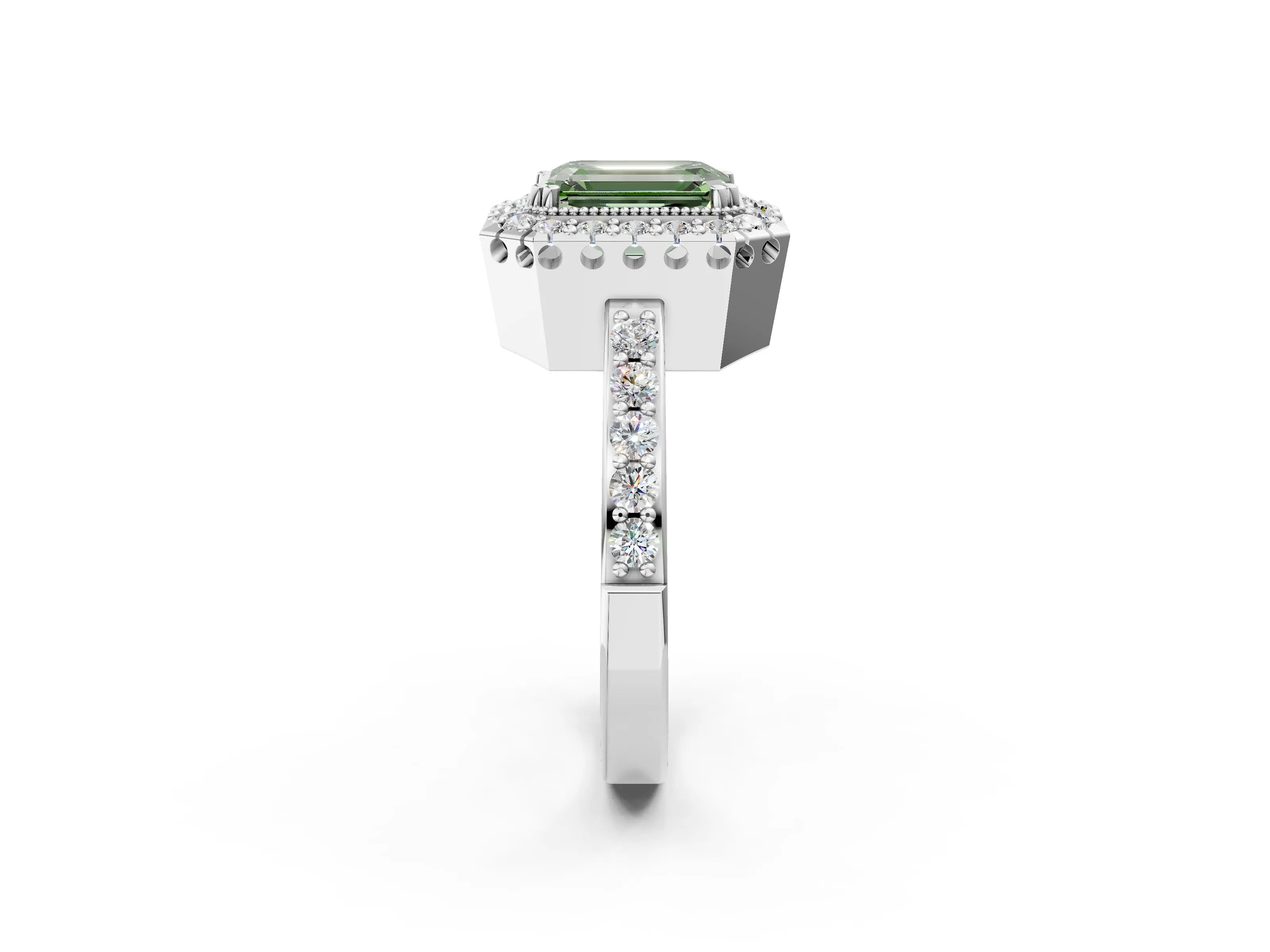 White gold Fancy Green Emerald Cut Diamond Halo Ring with Pavé Band and Prong Setting_14