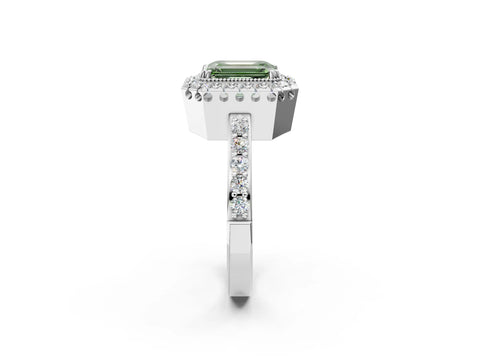 White gold Fancy Green Emerald Cut Diamond Halo Ring with Pavé Band and Prong Setting_14