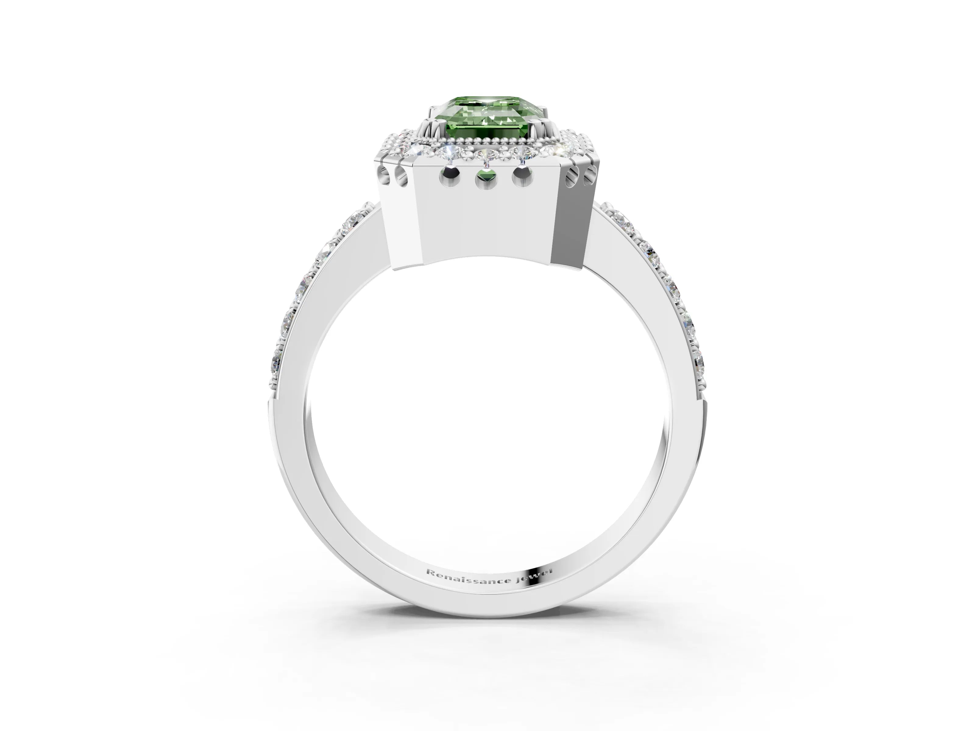 White gold Fancy Green Emerald Cut Diamond Halo Ring with Pavé Band and Prong Setting_15